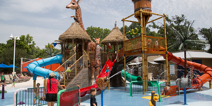 Safari or zoo Themed Water Play structure at a water park designed and built by Kraftsman