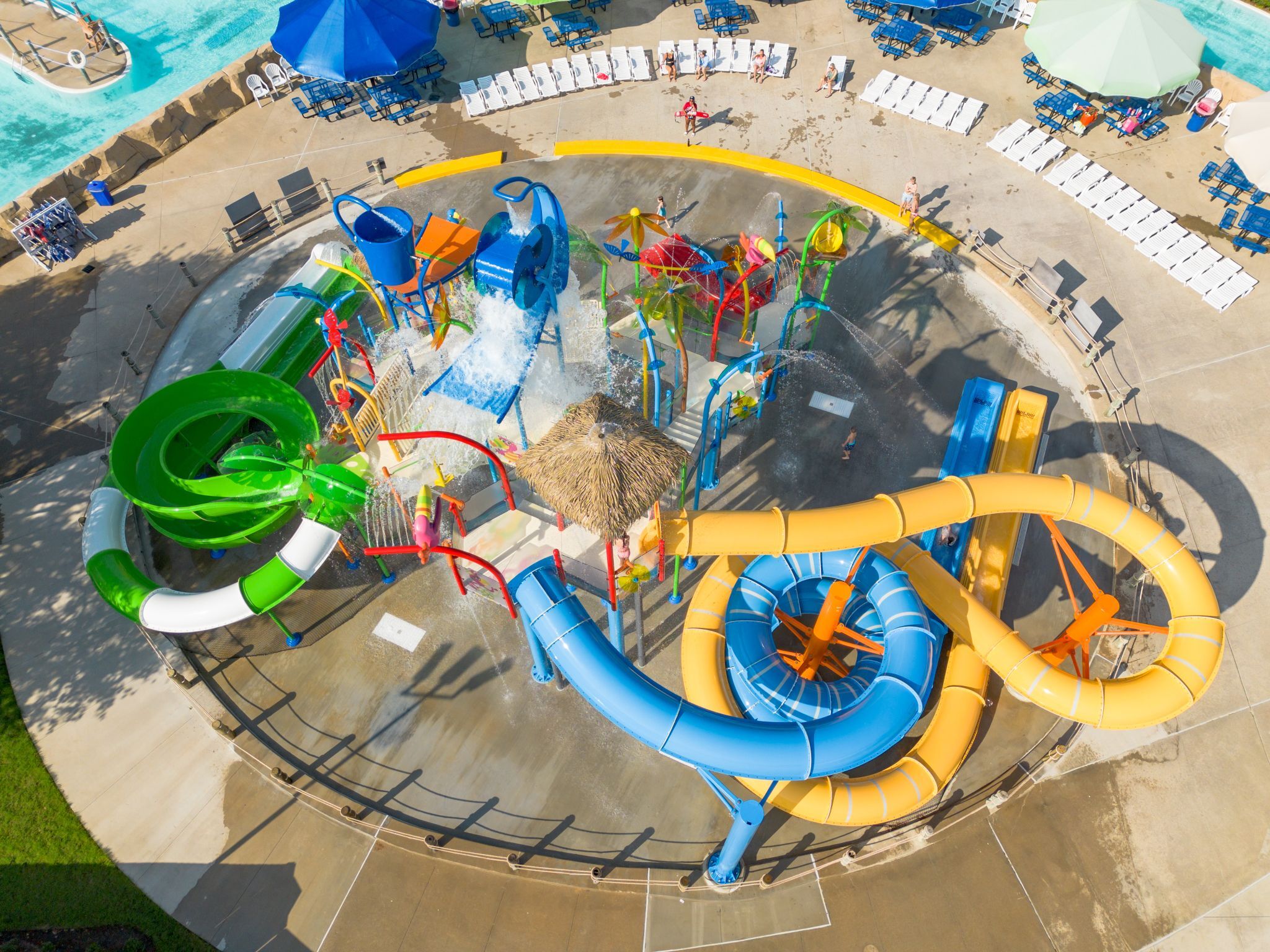 Aerial view of Bahama Beach Waterpark's Elevations aquatic play structure with colorful waterslides in Dallas, Texas